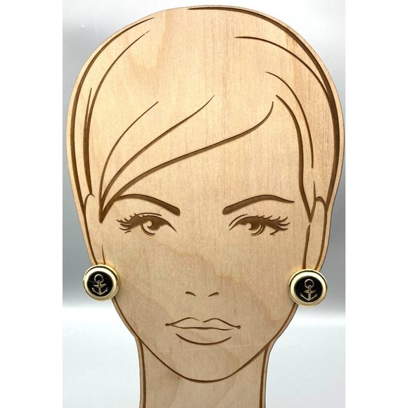 Vintage Enamel Anchor Earrings, Gold Tone Circles with Navy Blue and Cream Studs - Picture 3 of 5